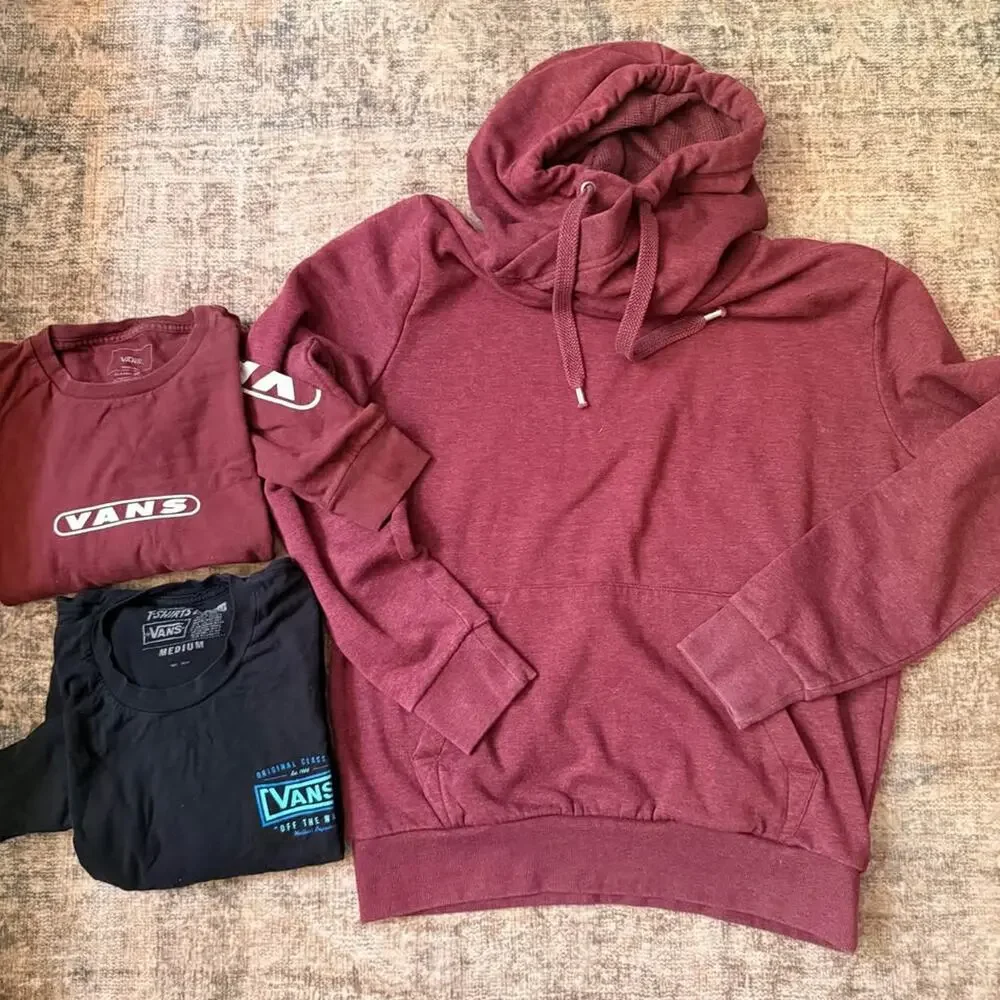 Men Medium Lot of 3 Vans Tops (Maroon Hoodie, Long Sleeve & Short Sleeve Tees)